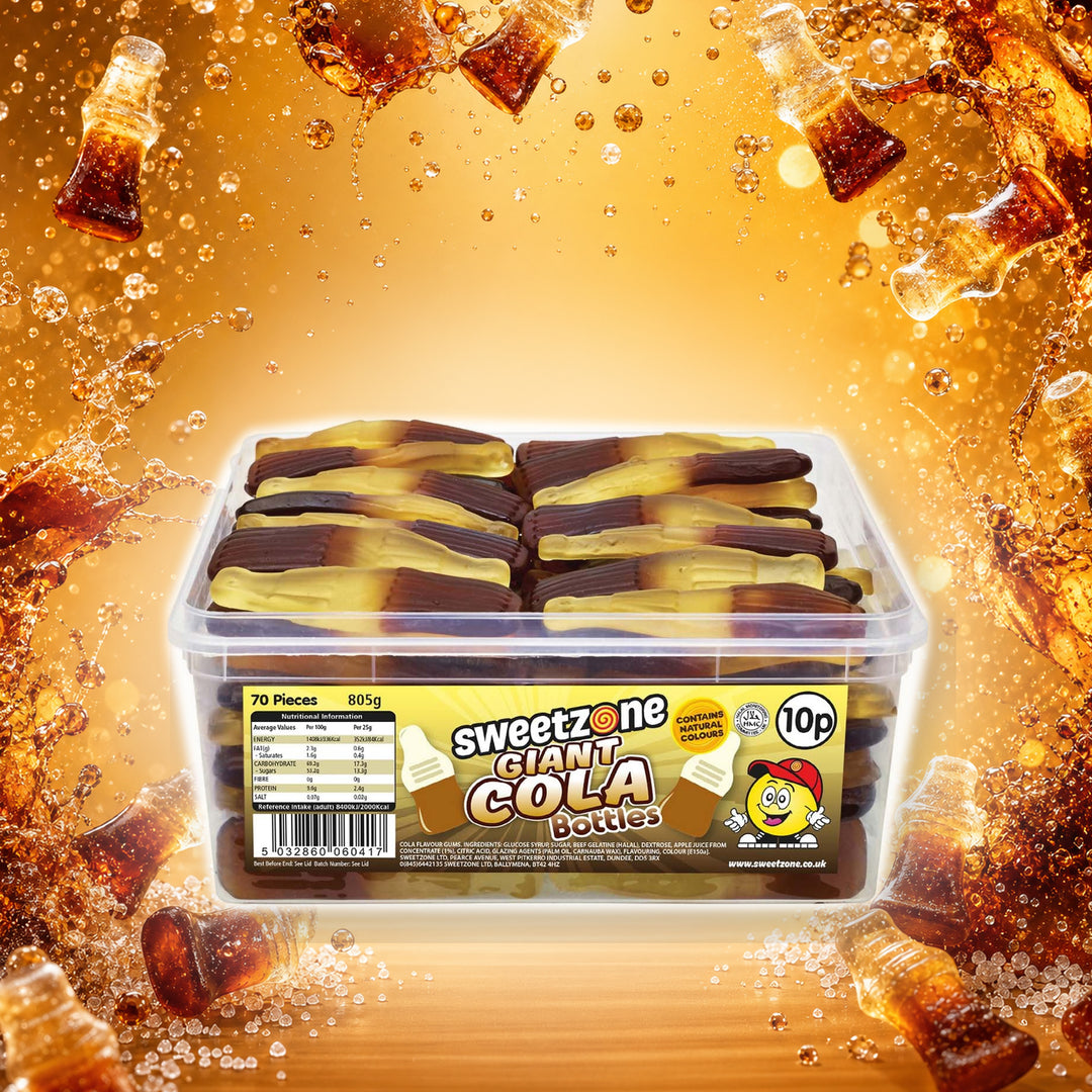 Giant Cola Bottles - Sweet Zone - 805g Tub in a vivid cola sweets scene