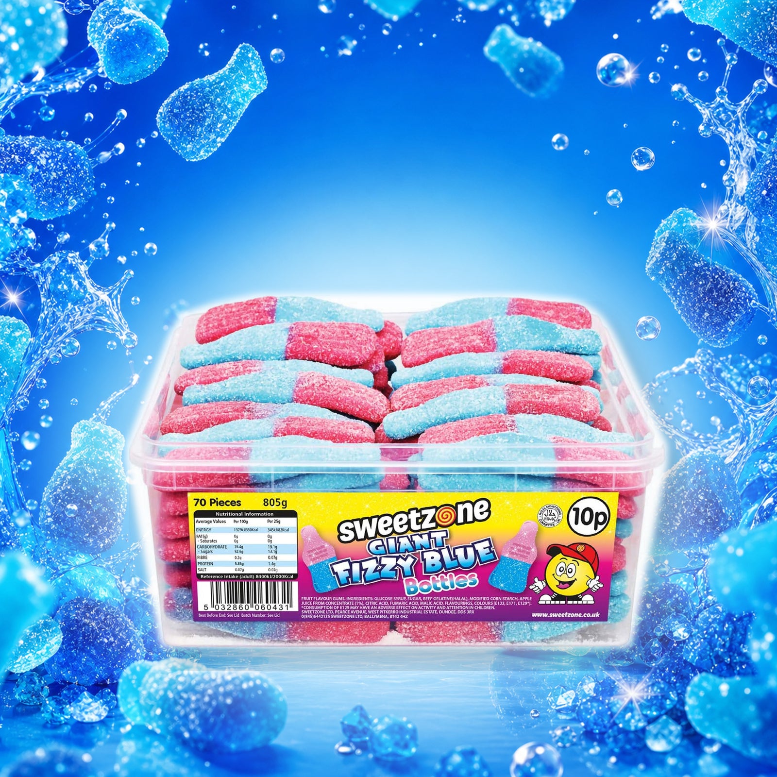 Giant Fizzy Blue Bottles - Sweet Zone - 805g Tub in a vivid blue raspberry sweets scene