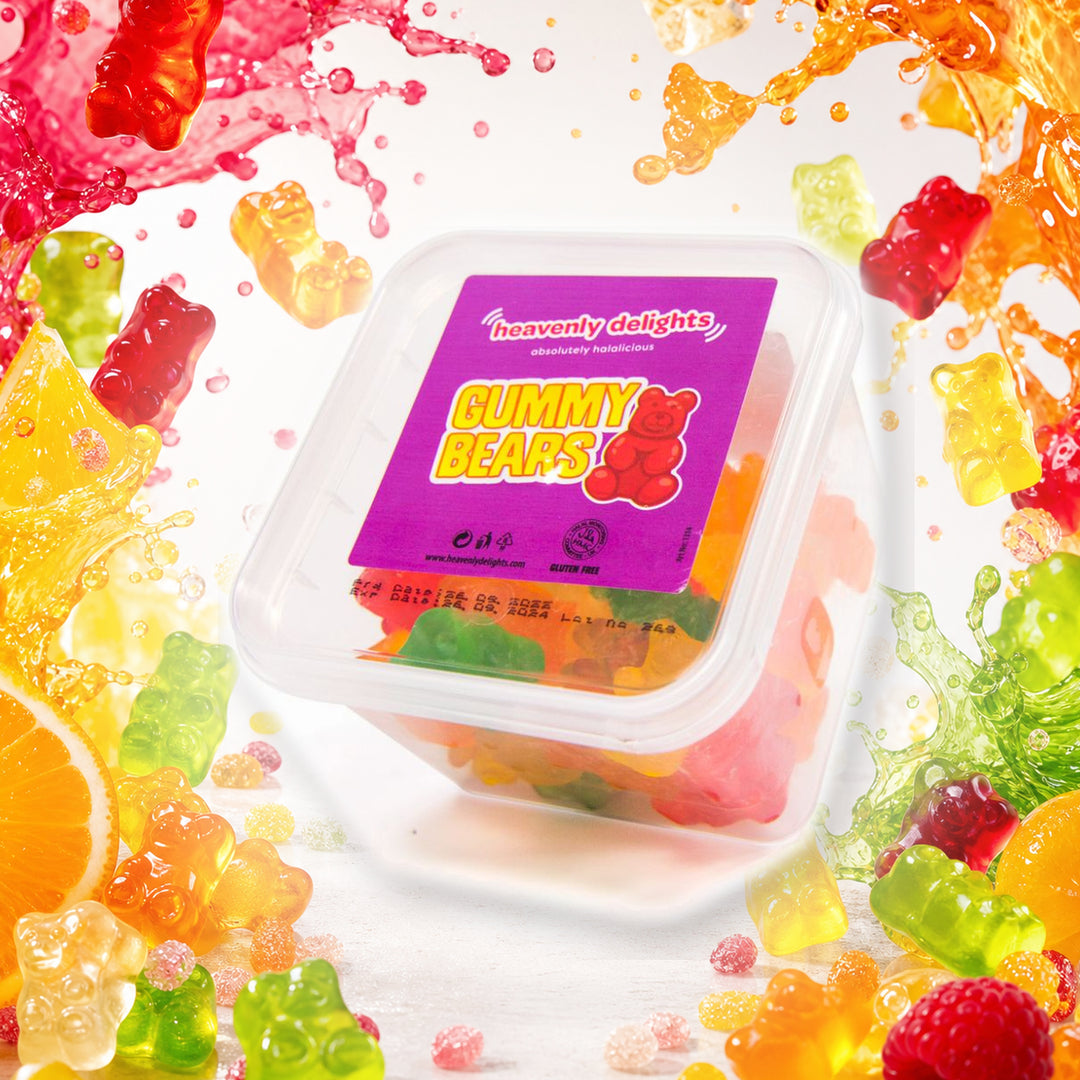 Gummy Bears - Heavenly Delights - 140g Tub in a vivid gummy bears sweets scene