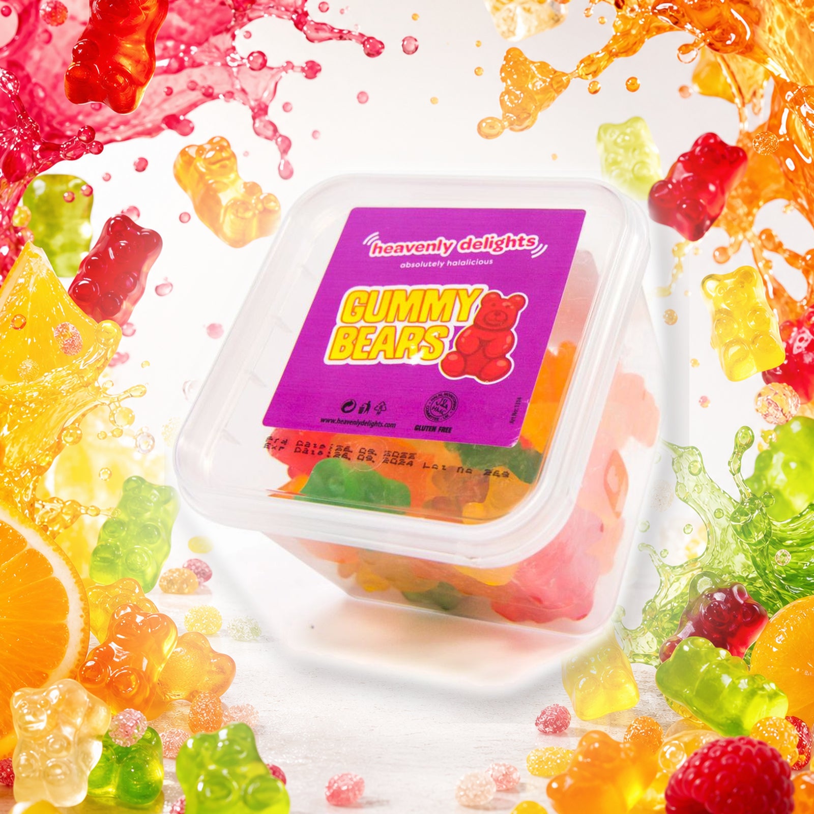Gummy Bears - Heavenly Delights - 140g Tub in a vivid gummy bears sweets scene