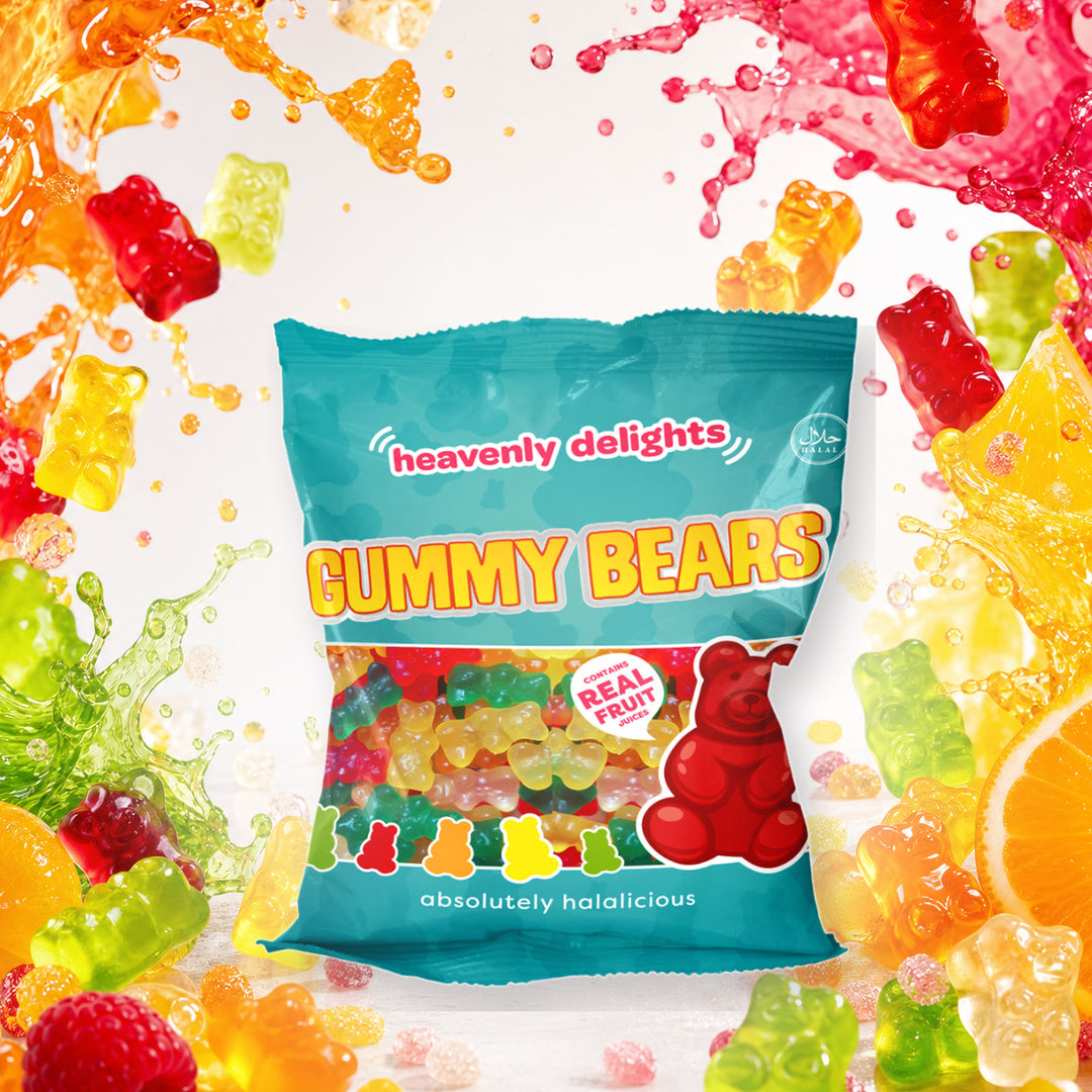 Gummy Bears - Heavenly Delights - 70g Bag in a vivid gummy bears sweets scene