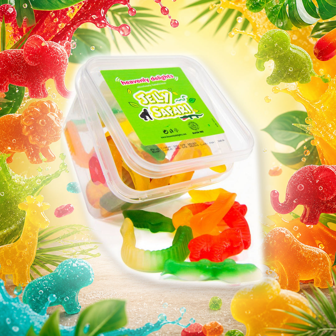 Jelly Safari - Heavenly Delights - 140g Tub in a vivid jelly safari sweets scene