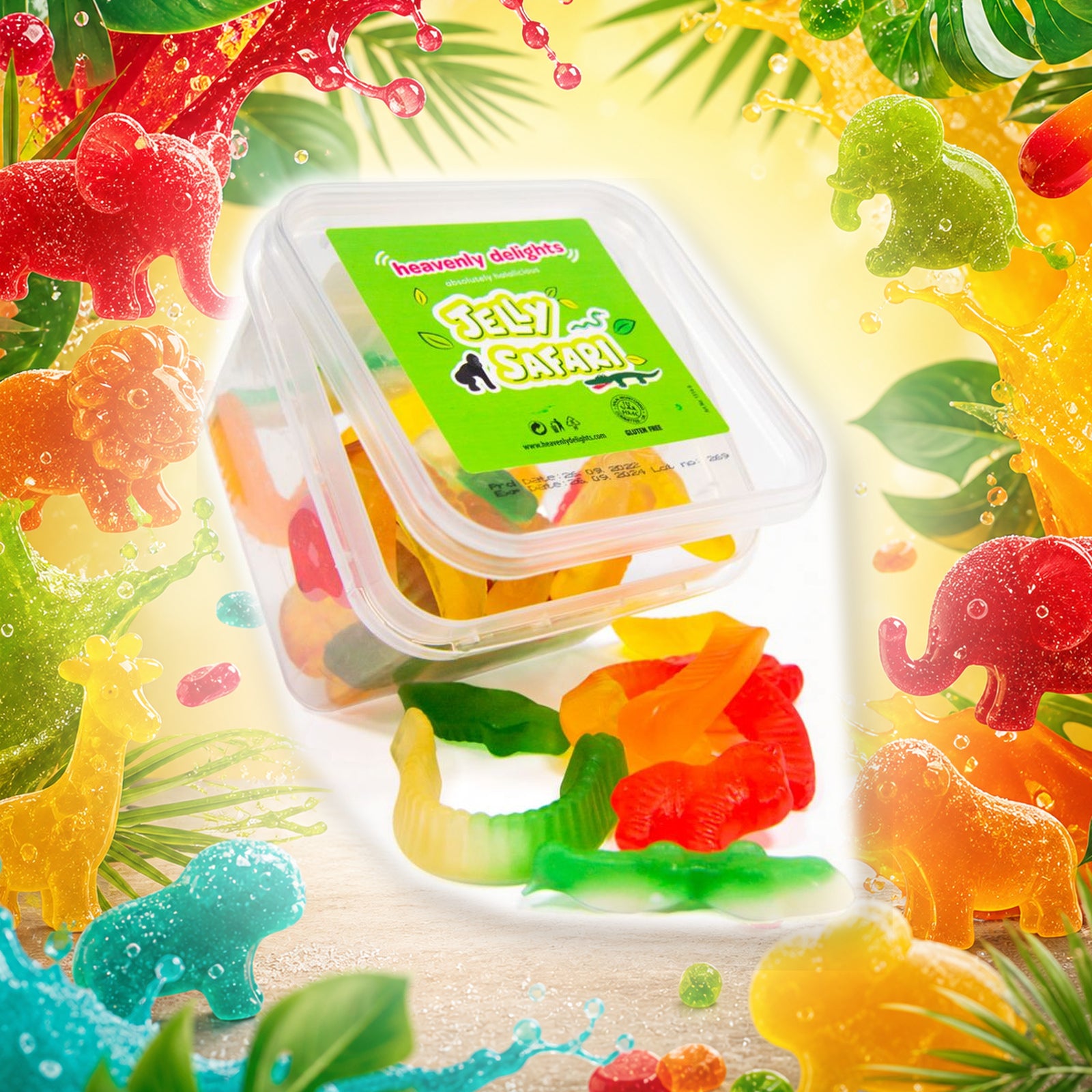 Jelly Safari - Heavenly Delights - 140g Tub in a vivid jelly safari sweets scene