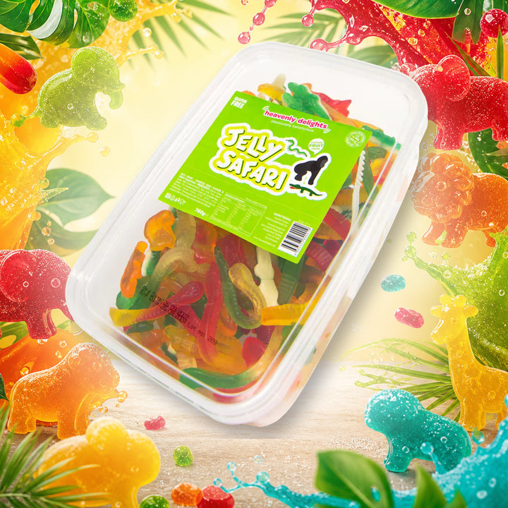Jelly Safari - Heavenly Delights - 760g Tub in a vivid jelly safari sweets scene
