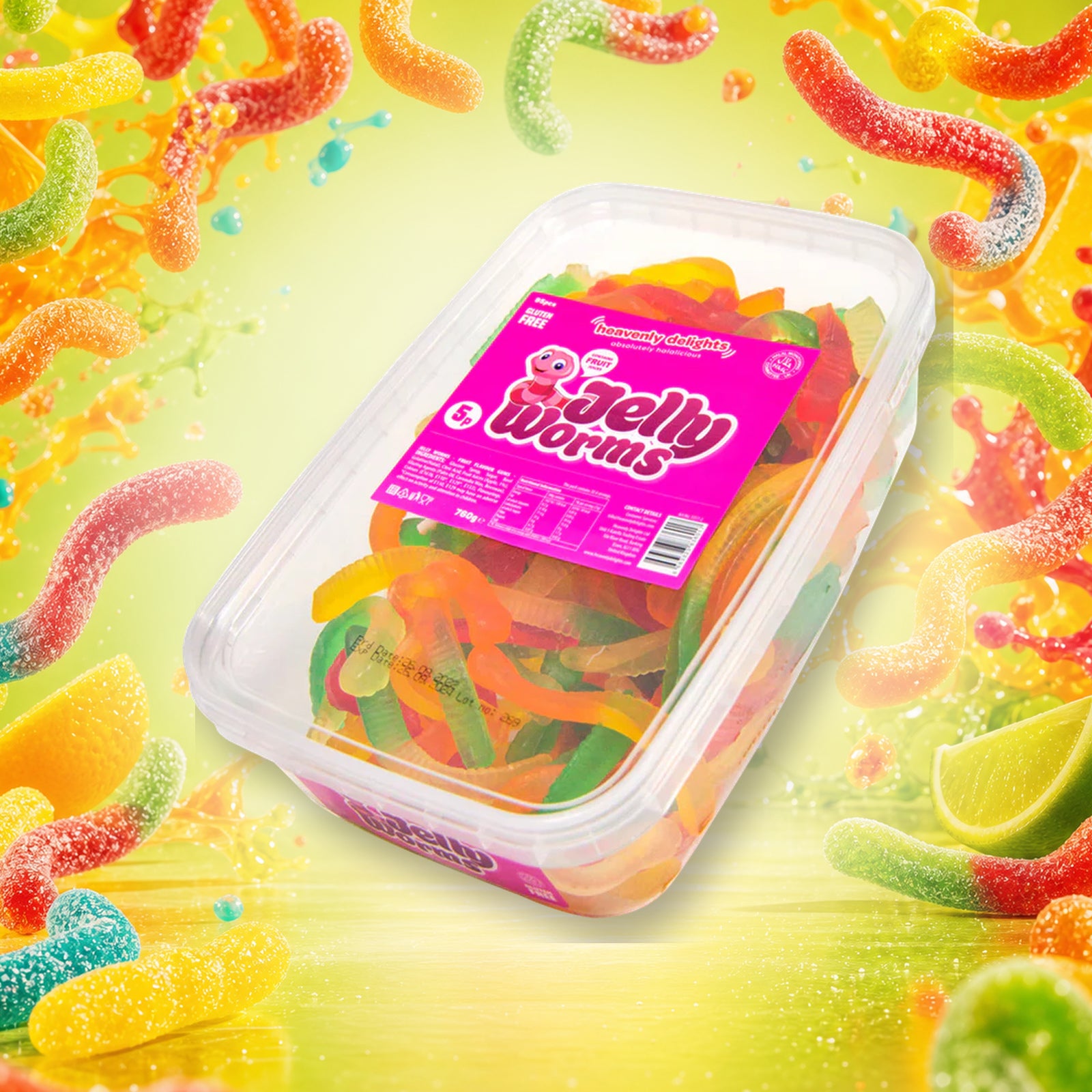 Jelly Worms - Heavenly Delights - 760g Tub in a vivid jelly worms sweets scene