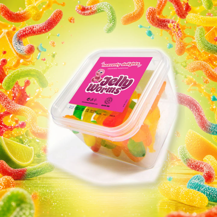 Jelly Worms - Heavenly Delights - 140g Tub in a vivid jelly worms sweets scene