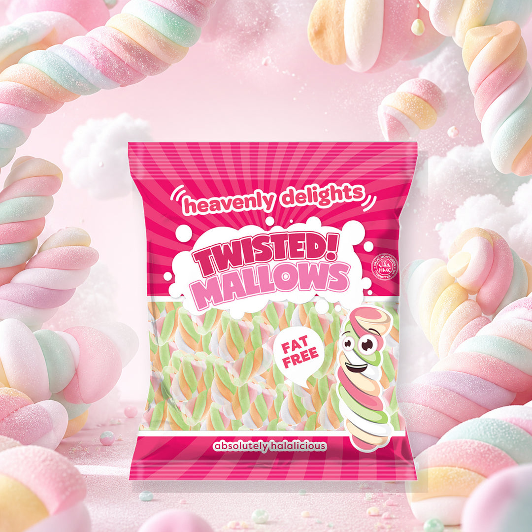 Twisted Mallows Marshmallow - Heavenly Delights - 140g Bag in a vivid twisted mallows sweets scene
