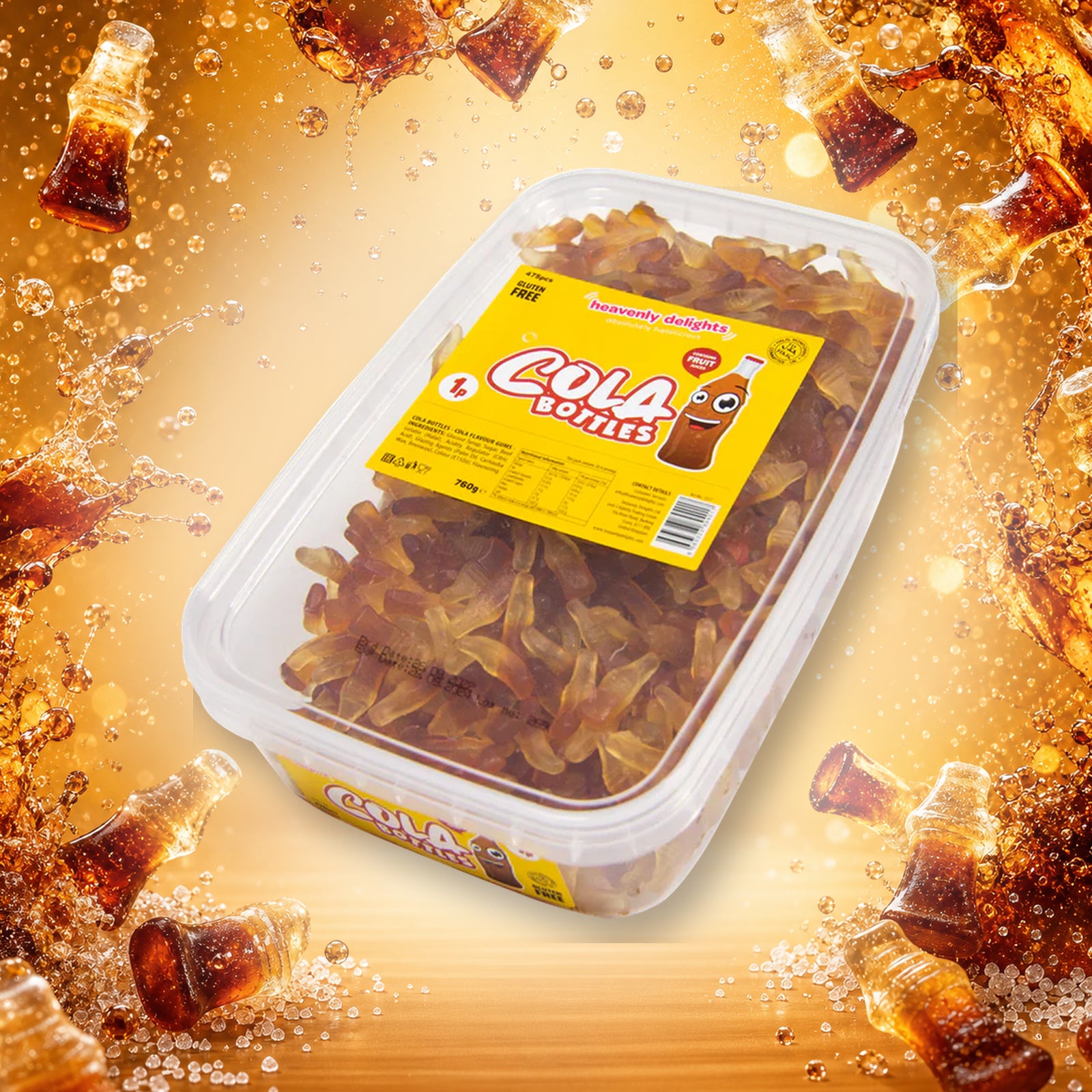 Cola Bottles - Heavenly Delights - 760g Tub in a vivid cola sweets scene