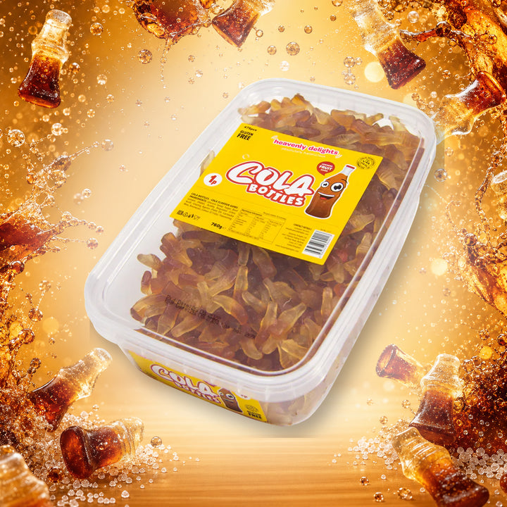 Cola Bottles - Heavenly Delights - 760g Tub in a vivid cola sweets scene