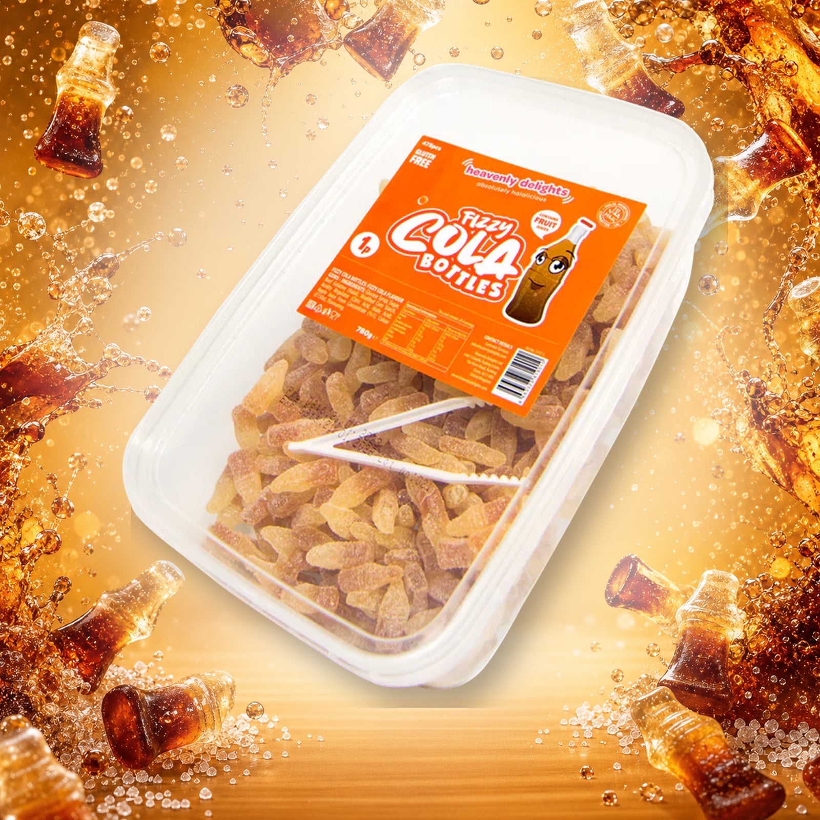 Fizzy Cola Bottles - Heavenly Delights - 760g Tub in a vivid cola sweets scene