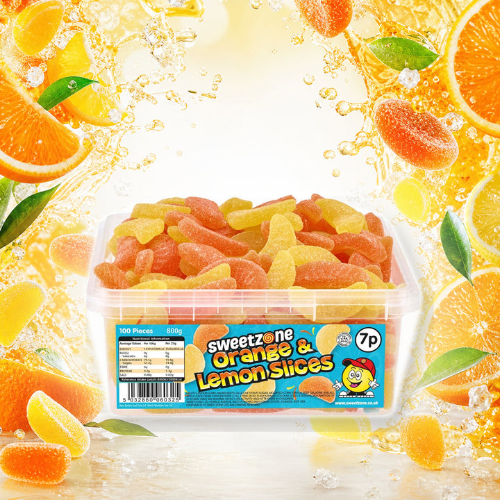 Orange &amp; Lemon Slices - Sweet Zone - 800g Tub in a vivid citrus sweets scene