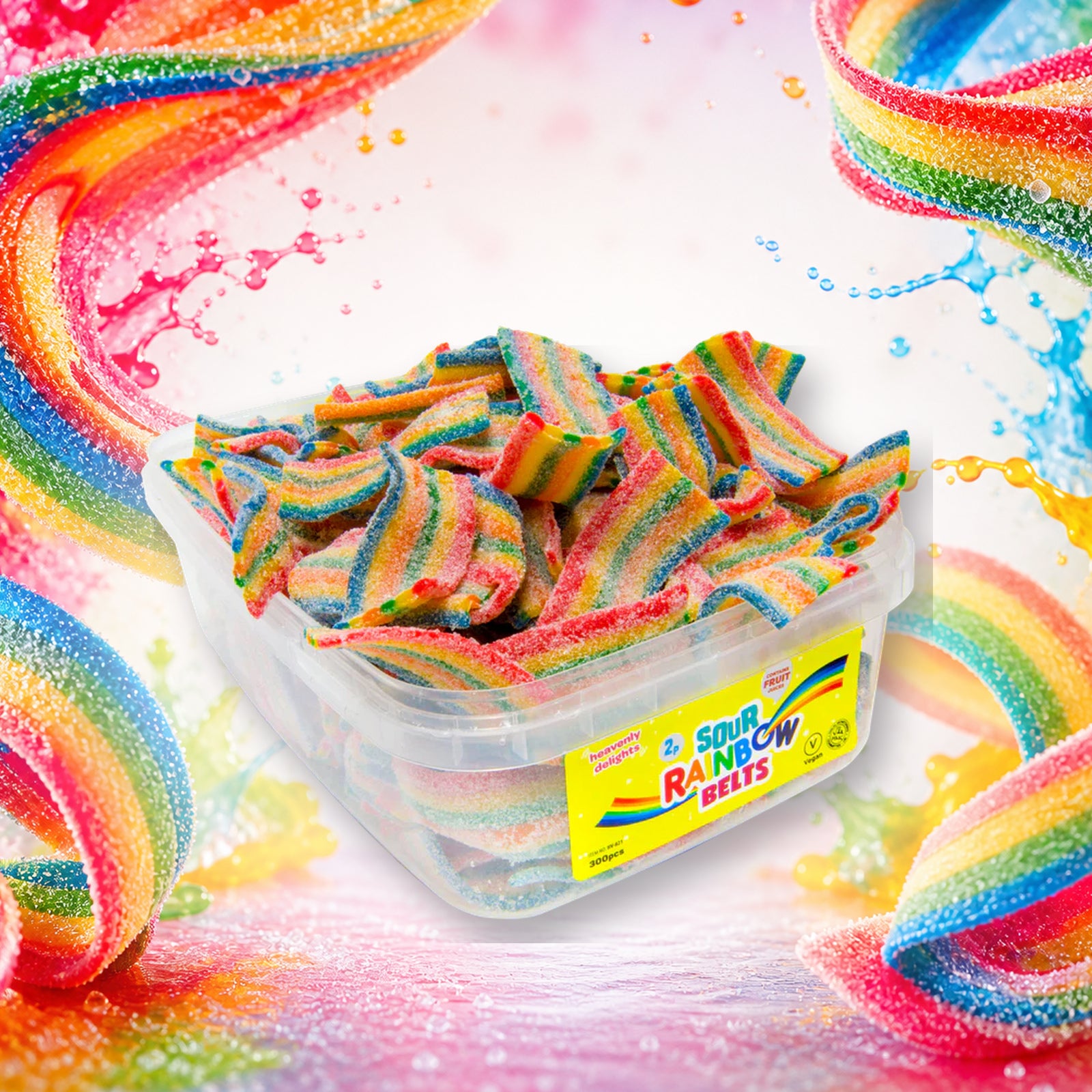 Sour Rainbow Belts - Heavenly Delights - 760g Tub in a vivid rainbow belts sweets scene