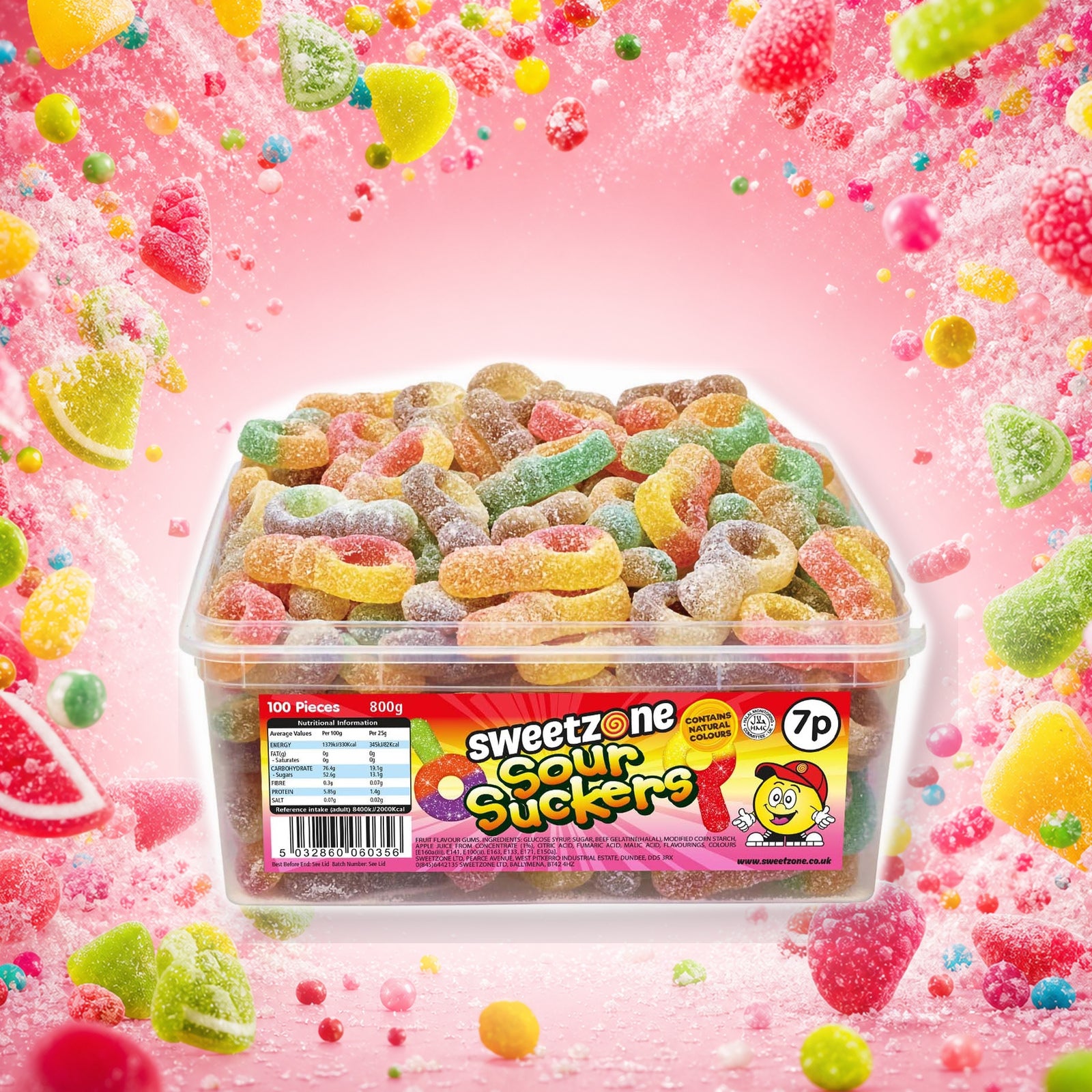 Sour Suckers - Sweet Zone - 800g Tub in a vivid sour mix sweets scene
