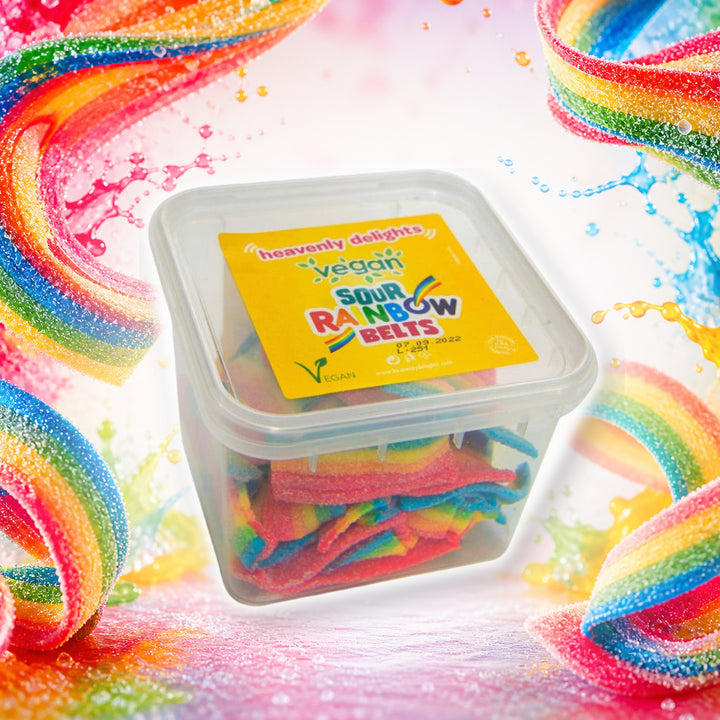 Vegan Sour Rainbow Belts - Heavenly Delights - 140g Tub in a vivid rainbow belts sweets scene