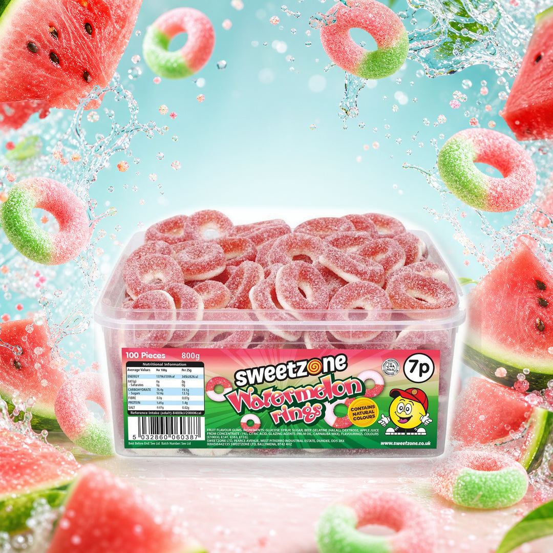 Watermelon Rings - Sweet Zone - 800g Tub in a vivid watermelon sweets scene