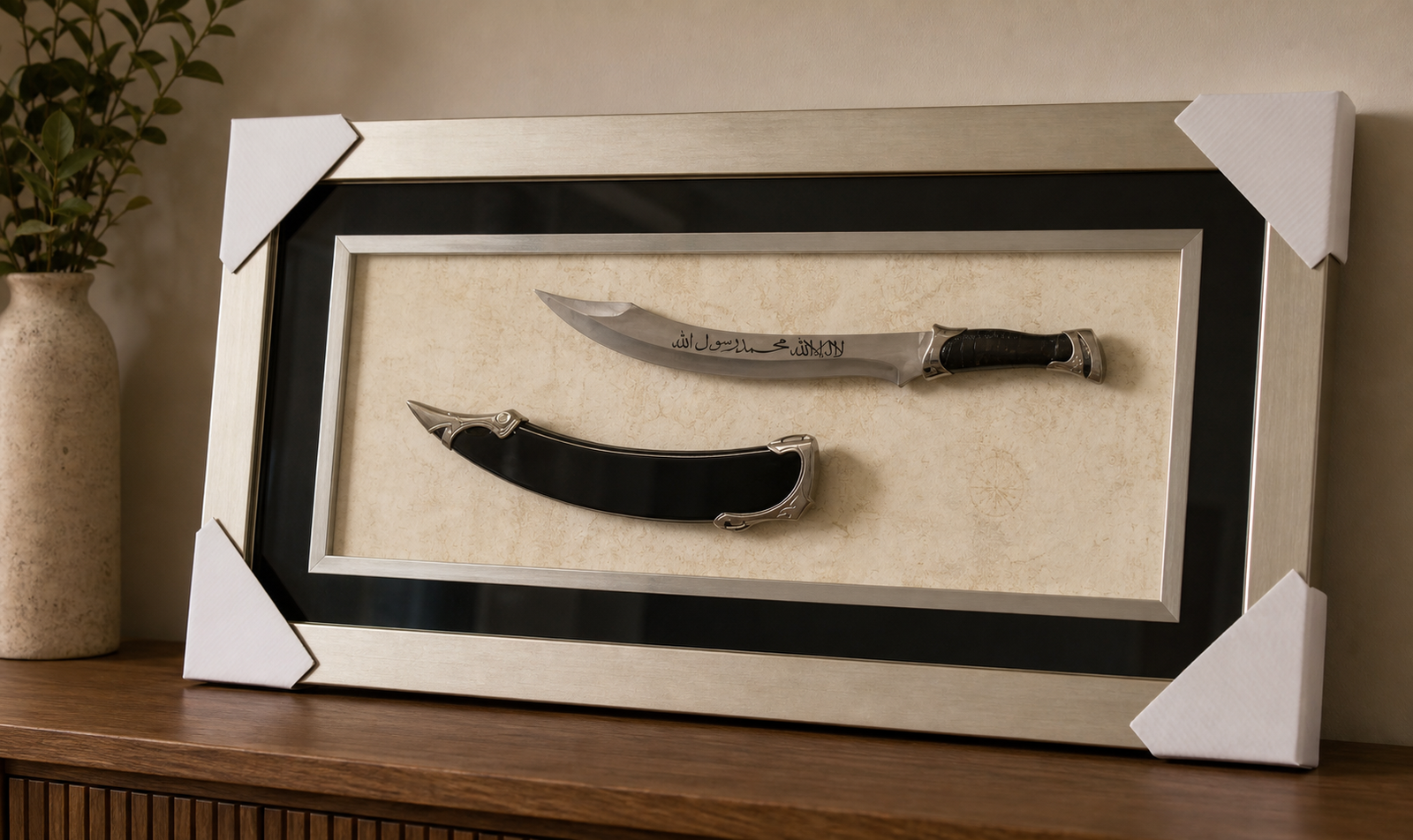 Sword Frame - Black Handle decorative display frame angled lifestyle view