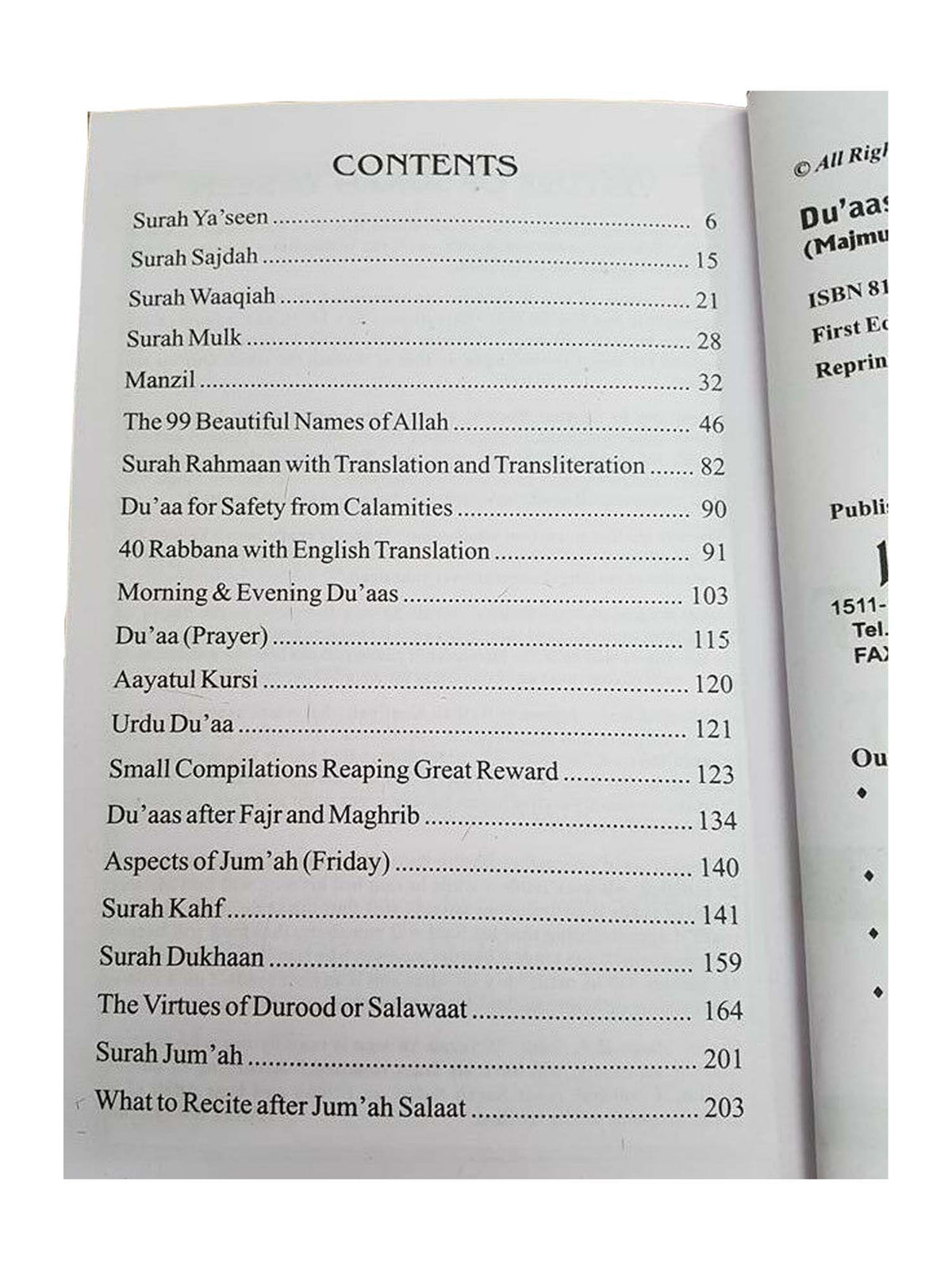 Contents page of Du'as for the Contentment of the Heart, listing surahs and supplications