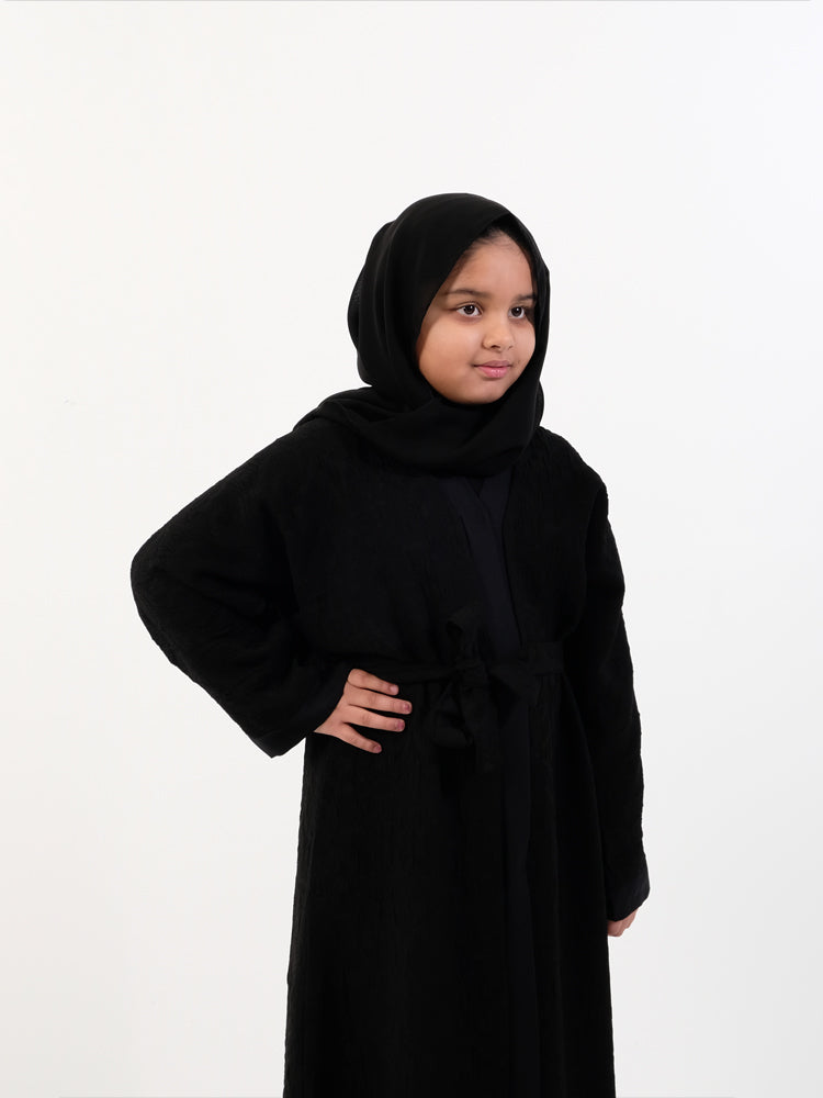 Girls Open Overcoat Abaya - Black With Paisley Design - Islamic Impressions