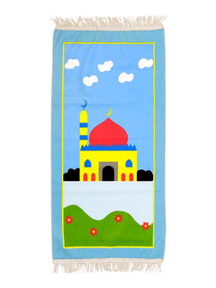 Light blue children's cartoon prayer mat with red dome design