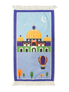 Light blue children's cartoon prayer mat with masjid design, full view