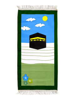 Green children's cartoon prayer mat with Kaabah design