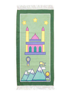 Green children's cartoon prayer mat with mountain design
