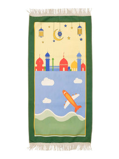 Green children's cartoon prayer mat with aeroplane design
