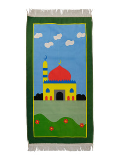 Green children's cartoon prayer mat with red dome design