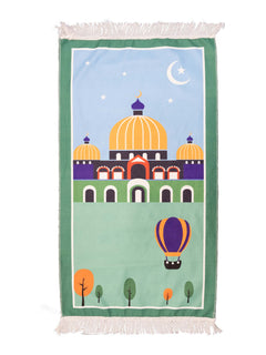 Green children's cartoon prayer mat with masjid design, full view