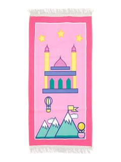 Pink children's cartoon prayer mat with mountain design