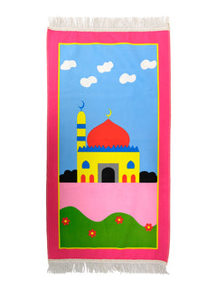Pink children's cartoon prayer mat with red dome design