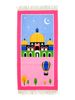 Pink children's cartoon prayer mat with yellow dome design