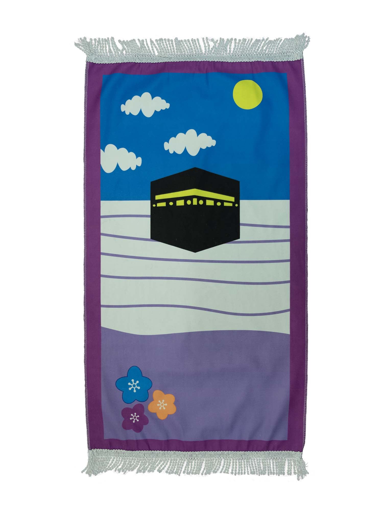 Purple children's cartoon prayer mat with Kaabah design, full view