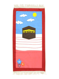 Red children's cartoon prayer mat with Kaabah design