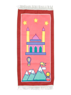 Red children's cartoon prayer mat with mountain design