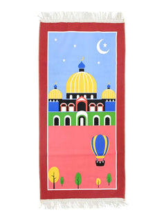 Red children's cartoon prayer mat with yellow dome design