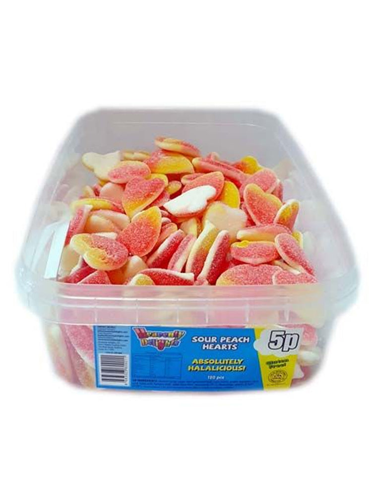 Sour Peach Hearts Sweets - Heavenly Delights - 5p - 120 pieces Tub - Islamic Impressions