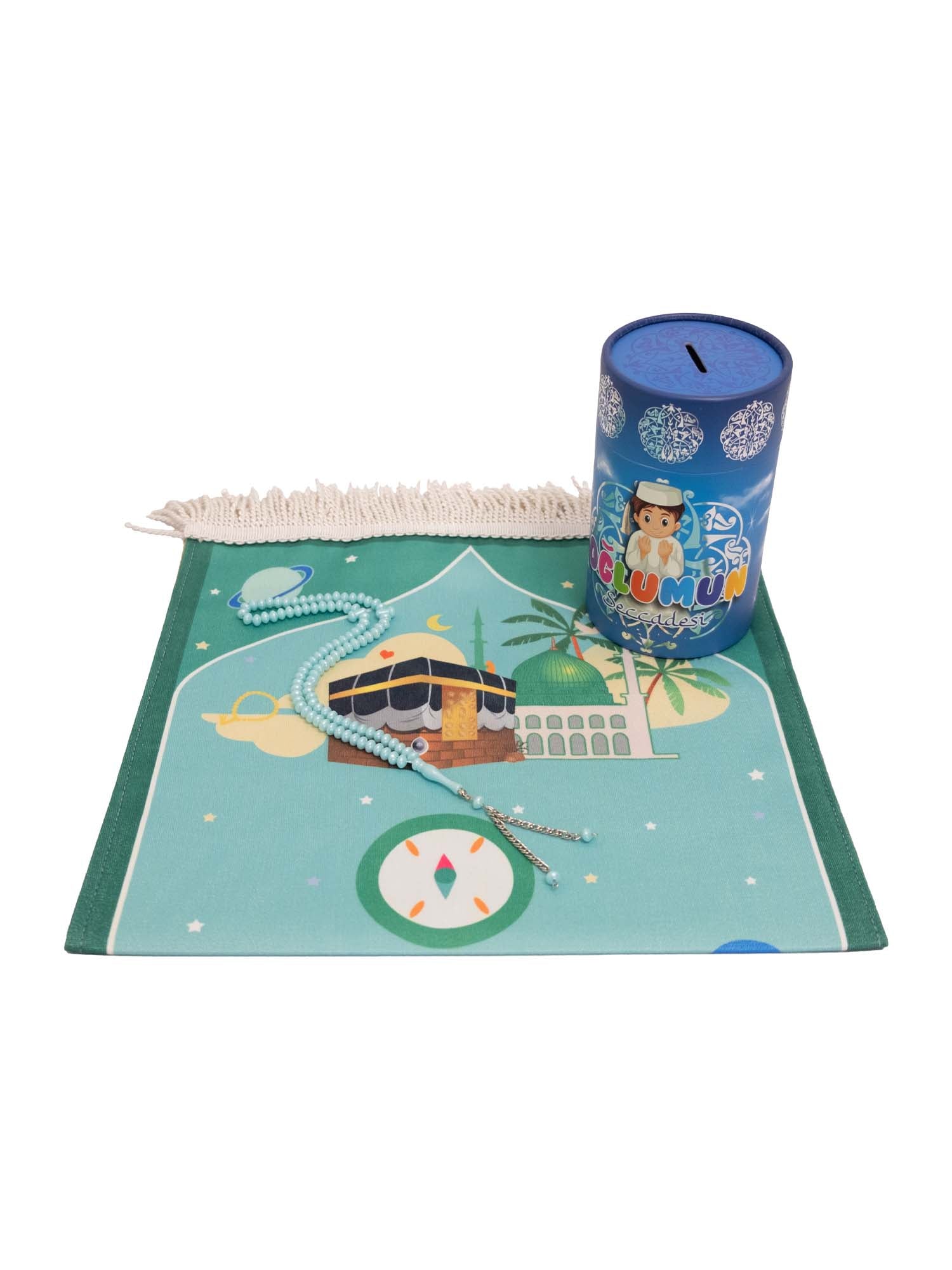 Blue children's gift set with prayer mat, money box and tasbeeh