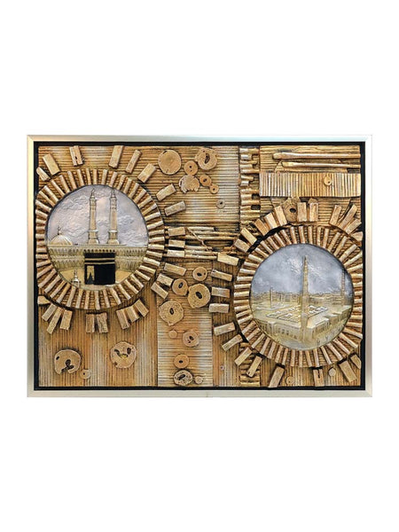 Kaabah and Masjid Nabwi Frame - Gold 3D in Circles - Islamic Impressions