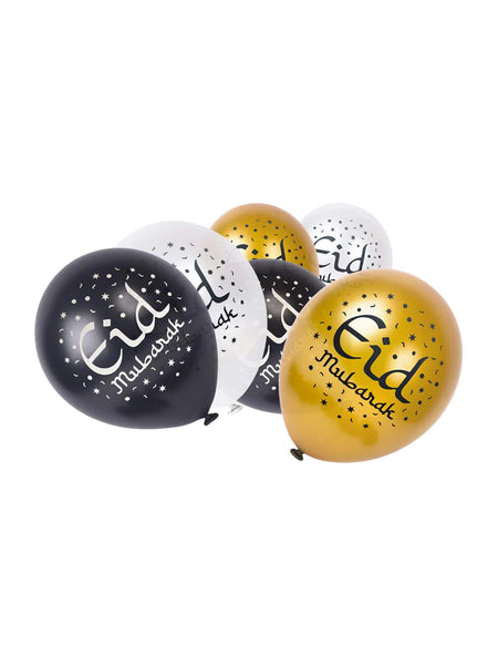Balloons - White/Black/Gold - 'Eid Mubarak' - Pack of 12