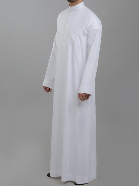 Genuine Al Aseel Saudi Thobe With Collar - Full Sleeve - White (Exposed Buttons) - Islamic Impressions