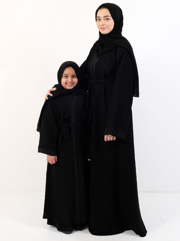 Girls Open Overcoat Abaya - Black With Paisley Design - Islamic Impressions