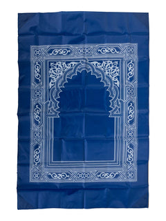 Blue compact travel prayer mat, full view