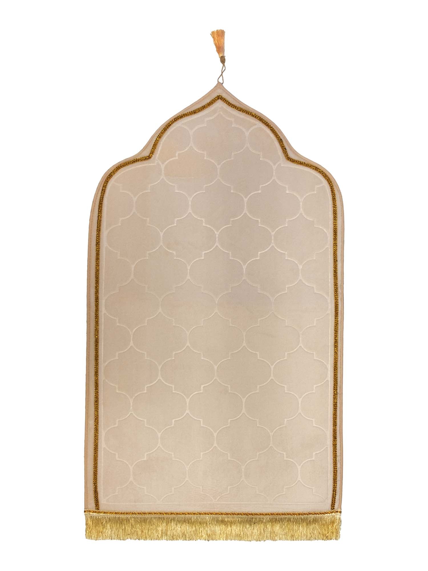 Beige mihrab-shaped prayer mat with gold border, full view