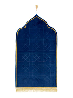 Blue mihrab-shaped prayer mat with gold border, full view