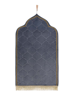 Grey mihrab-shaped prayer mat with gold border, full view
