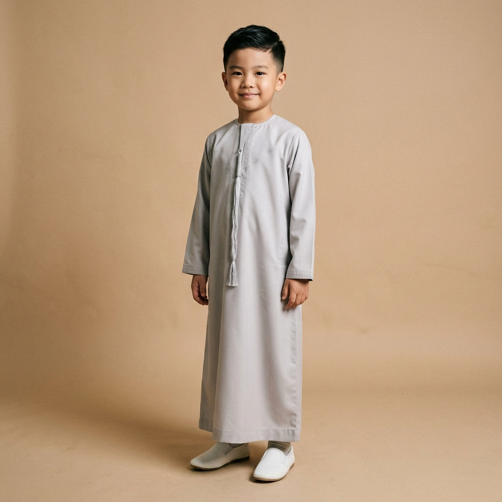 Islamic Impressions Boy's Omani Tassel Thobe - Platinum Grey