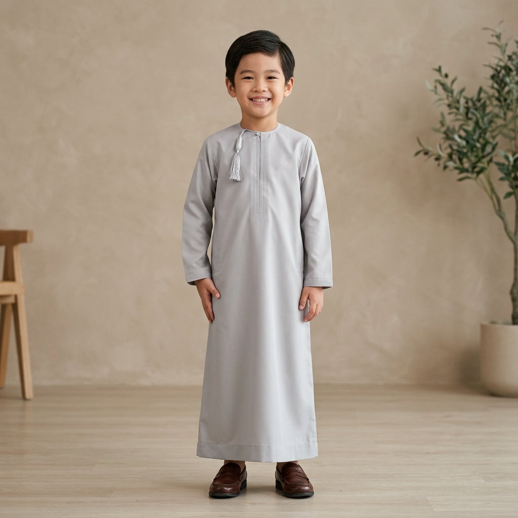Islamic Impressions Boy's Omani Tassel Thobe - Platinum Grey