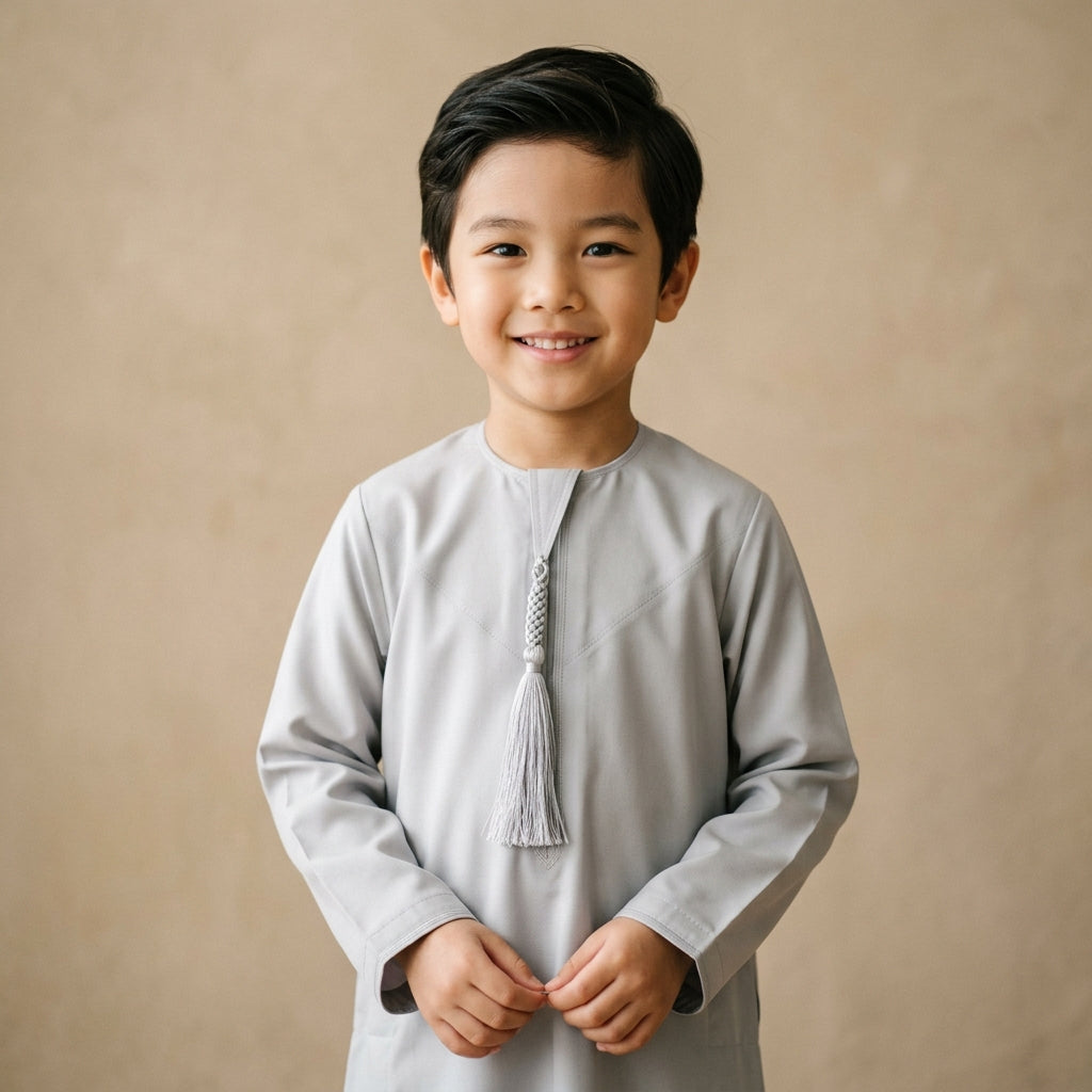 Islamic Impressions Boy's Omani Tassel Thobe - Platinum Grey