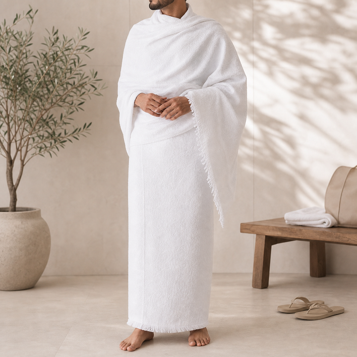 Adult Ihram worn with shoulders covered